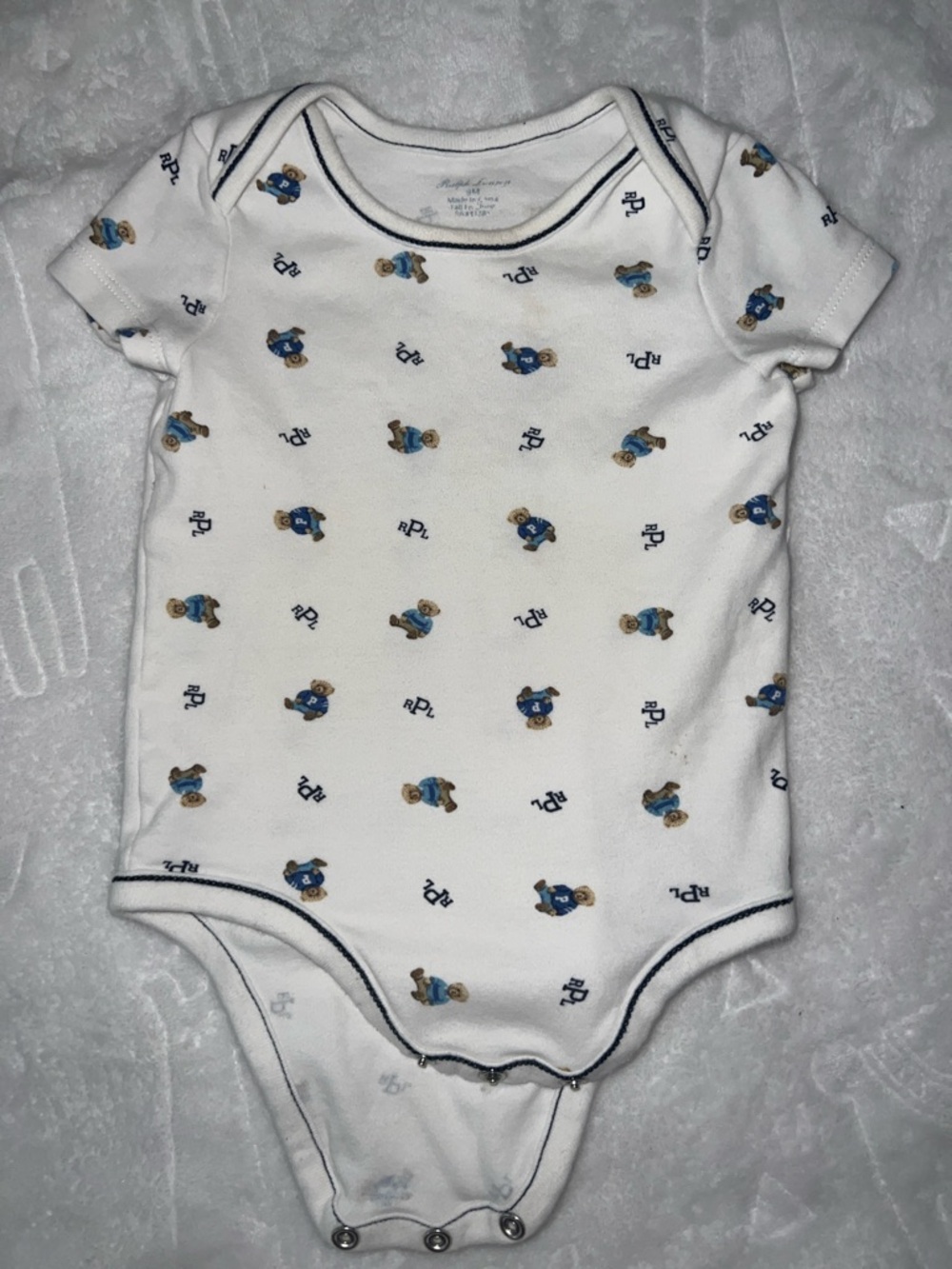 Ralph Lauren White One-Piece Bodysuit with Blue Teddy Bear Print